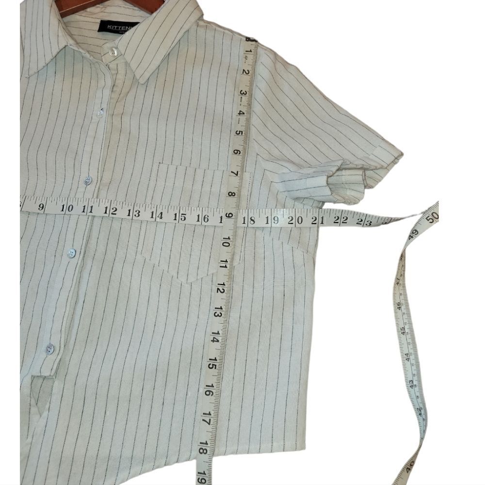 NWOT KITTENISH Short Sleeve Striped Cotton Hemp Tie Front Button Down Up Top L - Picture 11 of 14